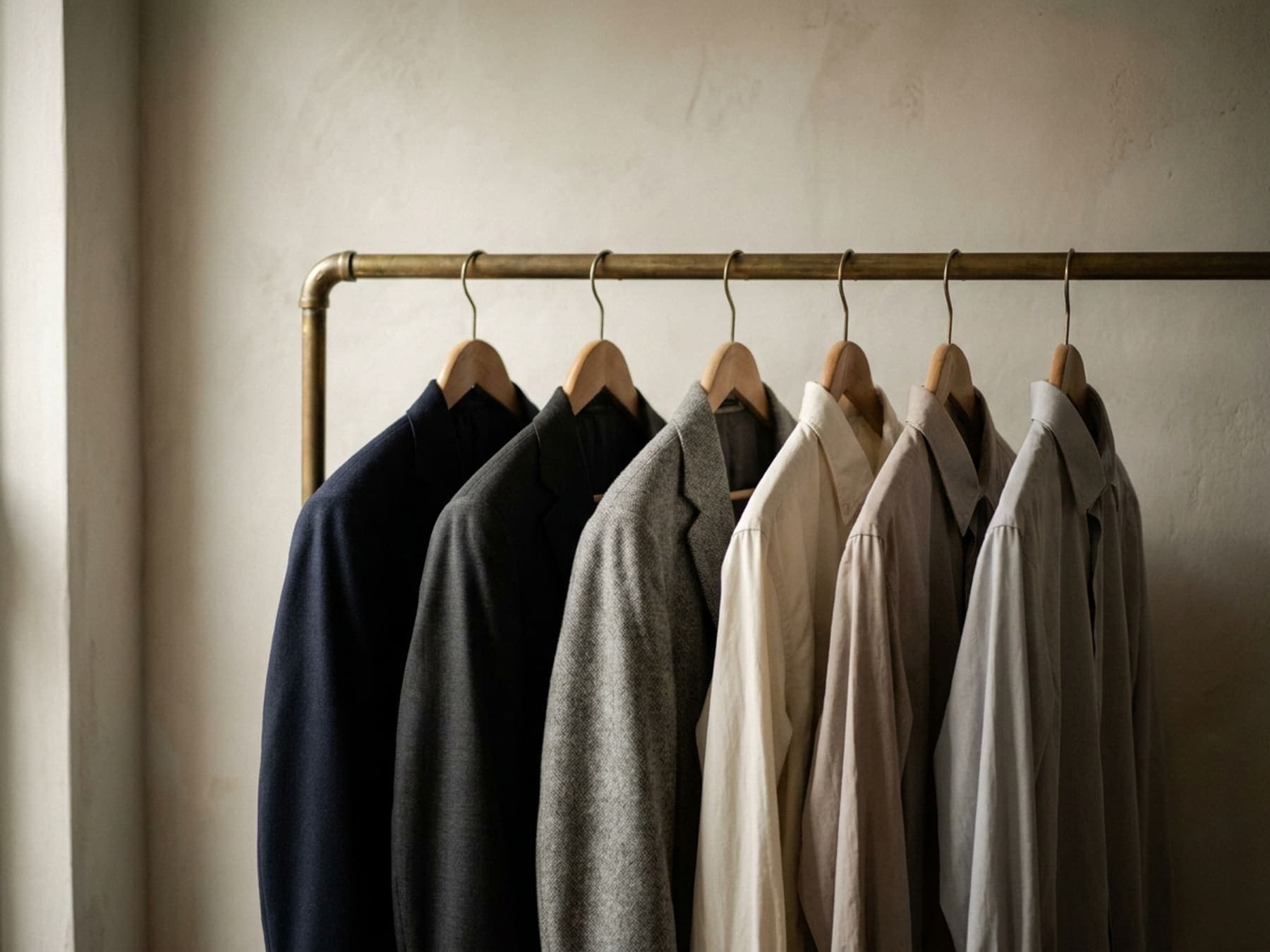 A capsule wardrobe of suits, a sport coat and shirts hung evenly on a brass rail