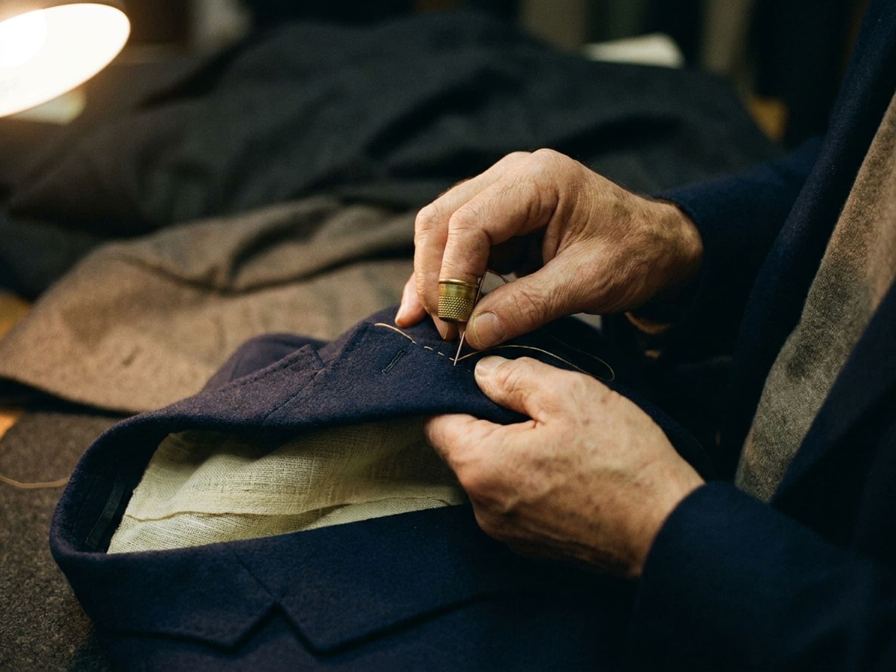 Hands pad-stitching the underside of a navy lapel with needle, thread and thimble