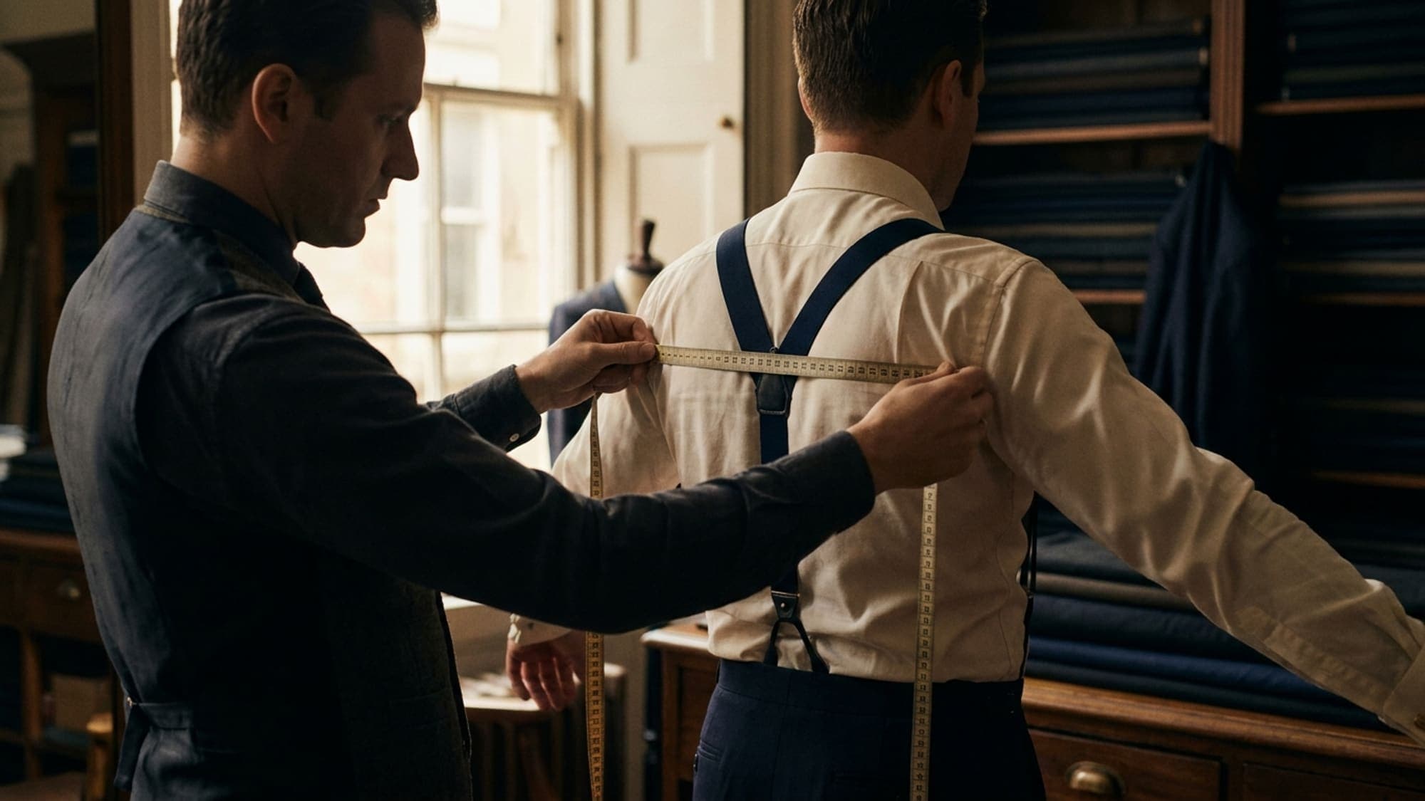 A tailor drawing a tape measure across the back of a client in shirtsleeves and braces