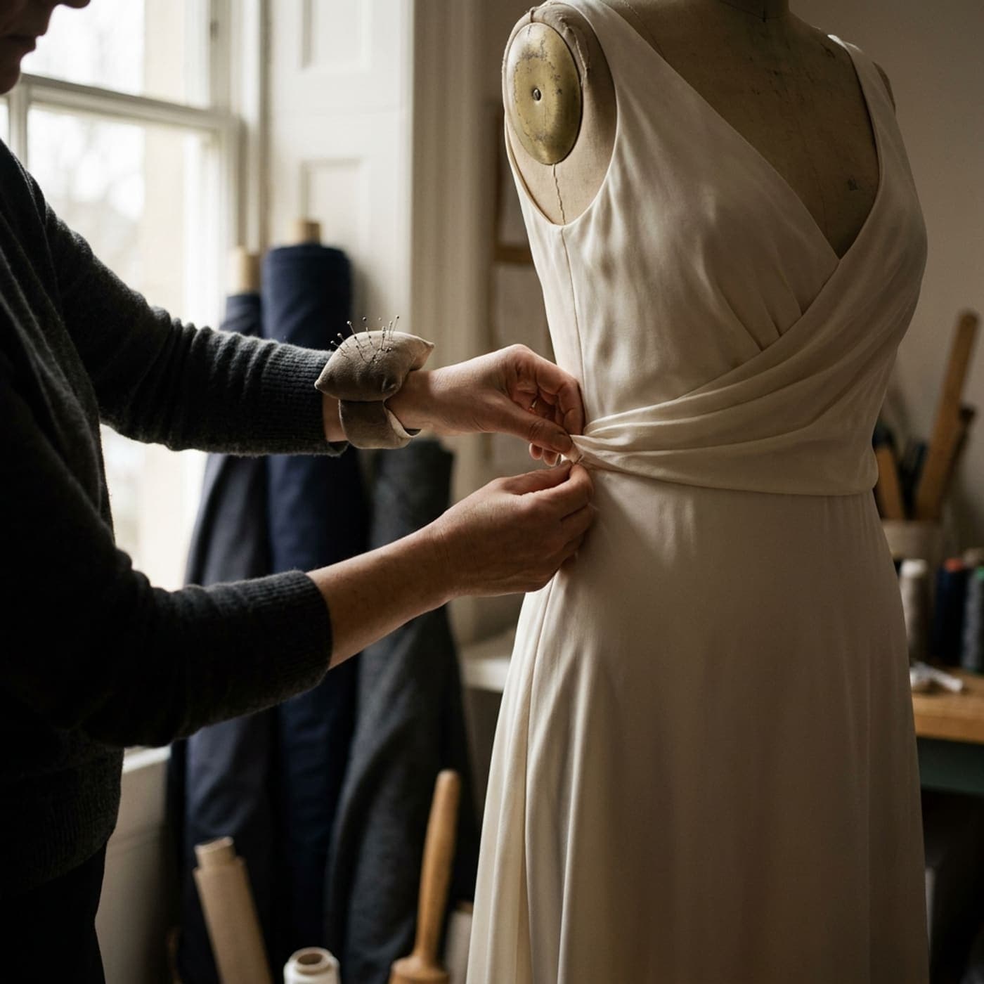 An ivory silk wedding gown on a dress form, being pinned at the waist