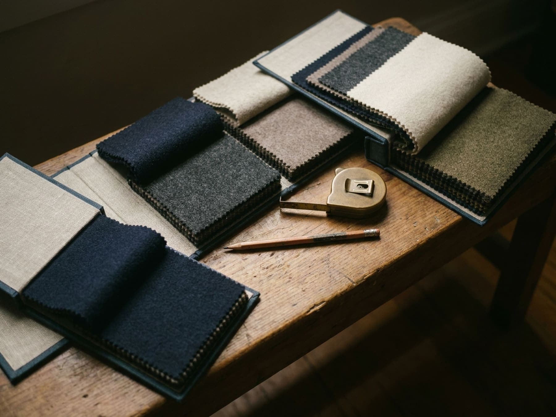 Open cloth bunch books fanned across a workbench with a brass tape measure