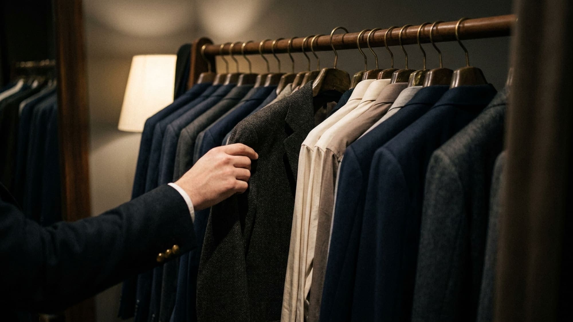 A rail of finished suits and shirts in a private fitting room, one drawn forward