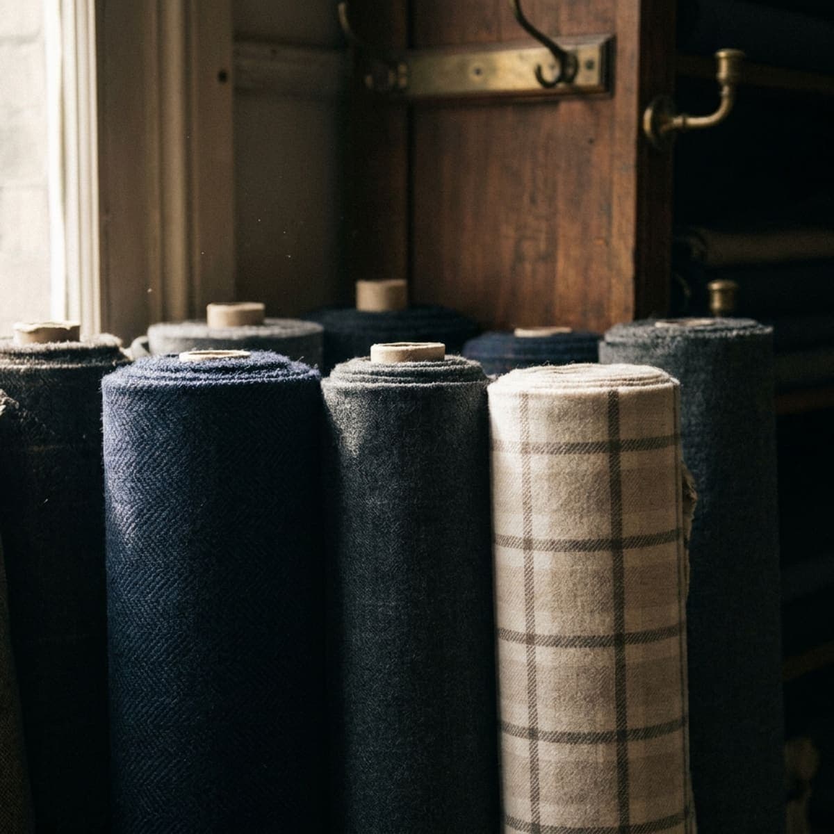 Bolts of navy herringbone, charcoal flannel and windowpane-check suiting cloth