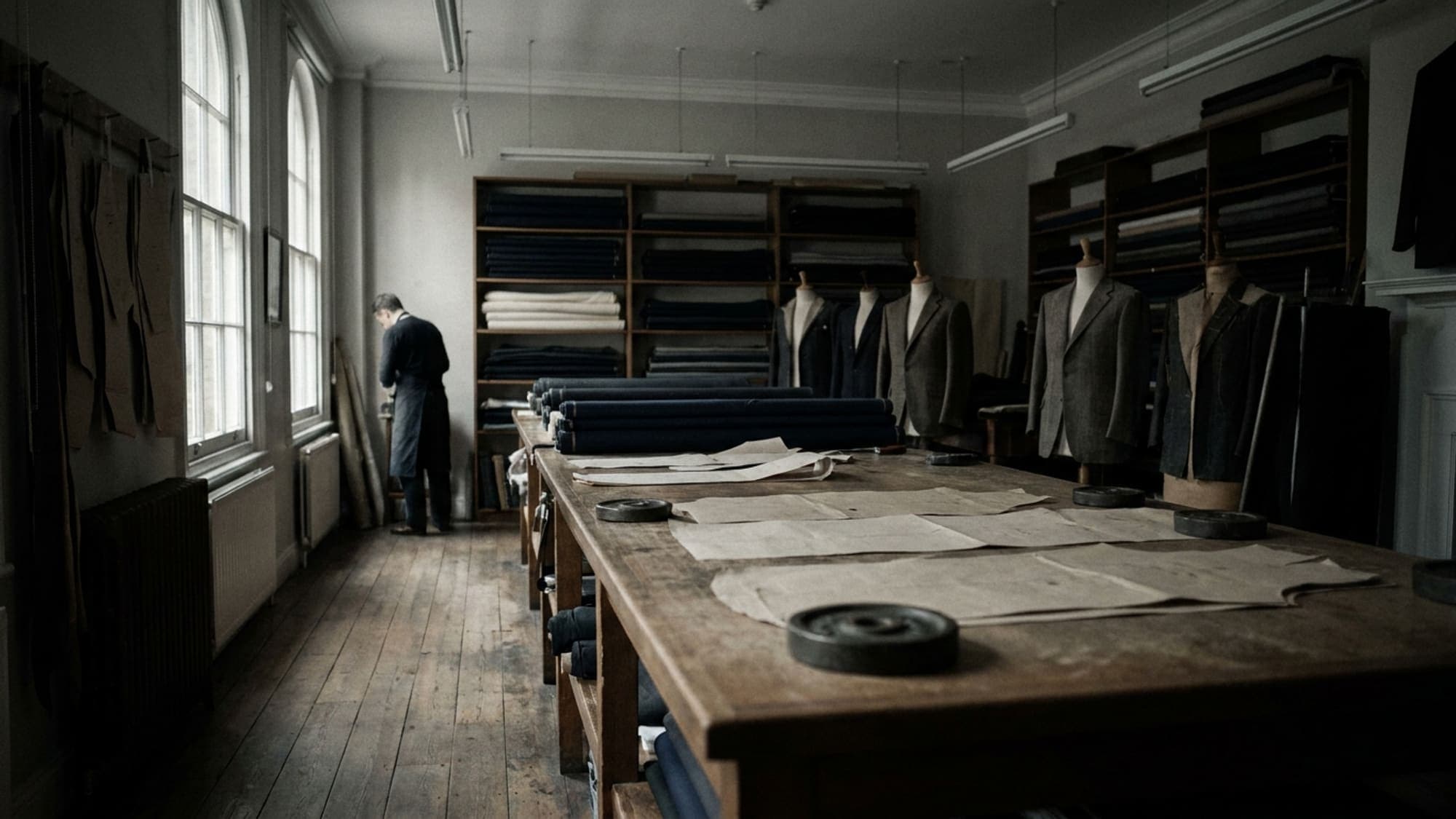 The Glenwood South workroom: a long cutting table, paper patterns and bolts of cloth